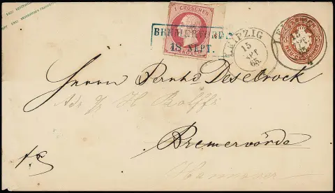 1 Gr. rose du bord droit de feuille avec numéro de rangée "6" comme affranchissement de réexpédition sur entier postal de Saxe 3 Ngr. brun rouge, armoiries, de "Leipzig" à Bremervörde et…