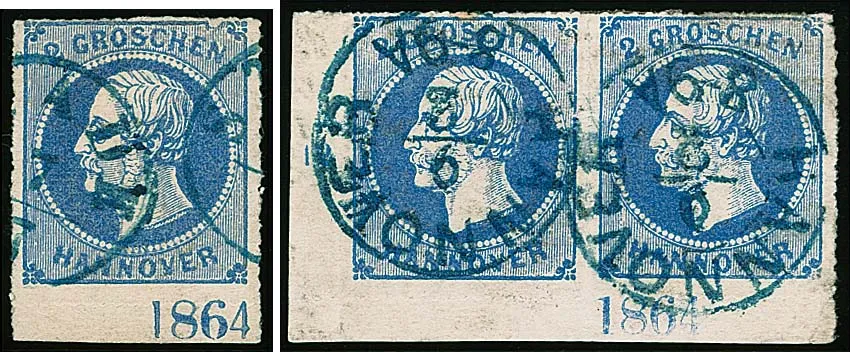 2 Gr. blau, Paar aus der linken unteren Bogenecke (Kleinigkeiten wie Knitter) mit Jahreszahl "1864" in Stellung I, sowie Kabinett-Unterrandstück mit gleicher…
