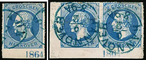 2 Gr. bleu, paire du coin inférieur gauche de feuille (petits défauts comme des plis) avec année "1864" en position I, ainsi qu'un fragment de marge inférieure de cabinet avec la même année, mais en position II et un timbre avec défaut de plaque III, rare sous cette forme (attestation Jäschke-L.)