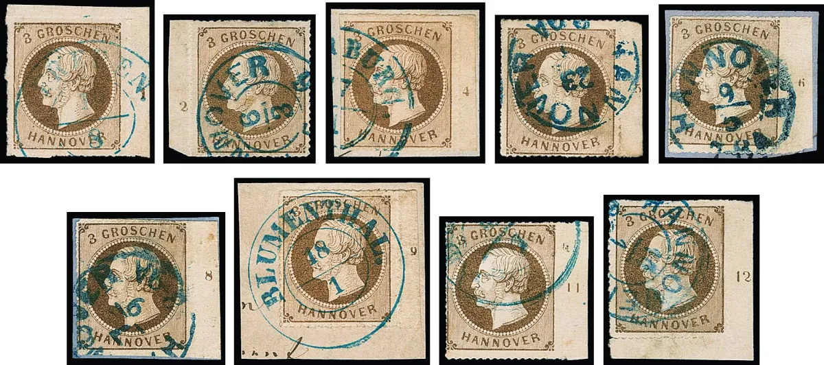 3 Gr. brown, almost complete cancelled right margin strip with row numbers "1" to "12", without "2" (this "only" from left margin), complete ("7" Mgl.), including both sheet corners, rare offer!