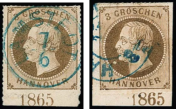 3 Gr. brown, each cancelled bottom margin piece with year "1865" in position I and III (this one on the right slightly scissor-separated)