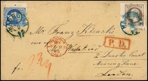 3 Gr. brun clair, coin inférieur gauche de feuille avec numéro de rangée "12" et année "1864" (position II), séparation aux ciseaux au détriment des deux timbres voisins (!), ainsi que pièce de bord gauche 2 Gr. bleu (Rz. "8") sur enveloppe étrangère beige de Hanovre 1865 à Londres. Avec un coin de feuille avec année de ce timbre sur lettre, à mon avis une pièce unique, en état tout à fait original, de la 19e vente Rauhut 1994. Certificat Berger "irréprochable"