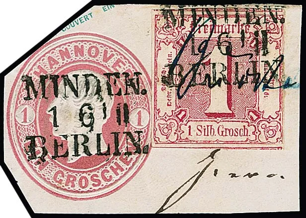 Hanover postal stationery section 1 Gr. pink with added franking Taxis 1 Sgr. red, with part of the handwritten railway post dispatch and Prussian train L3 "Minden-Berlin", flawless and unusual, photo expert Sem