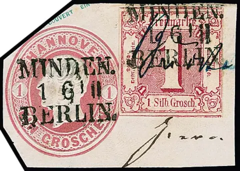 Hanovre section d'entier postal 1 Gr. rose avec Taxis 1 Sgr. rouge ajouté en affranchissement, avec partie de la mention manuscrite de dépôt de la poste ferroviaire et cachet de train prussien L3 "Minden-Berlin", impeccable et inhabituel, photo-expertise Sem