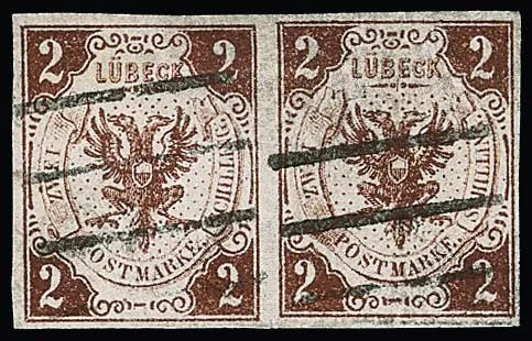 2 Sch. red-brown, luxury pair with wide margins, clear bar cancel, signed Engel, Werner, Thier, rare unit. Mi. 1500,-