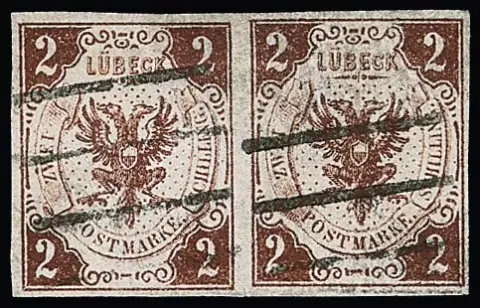 2 Sch. rouge-brun, paire de luxe à larges marges, cachet à barres clair, signé Engel, Werner, Thier, unité rare. Mi. 1500,-