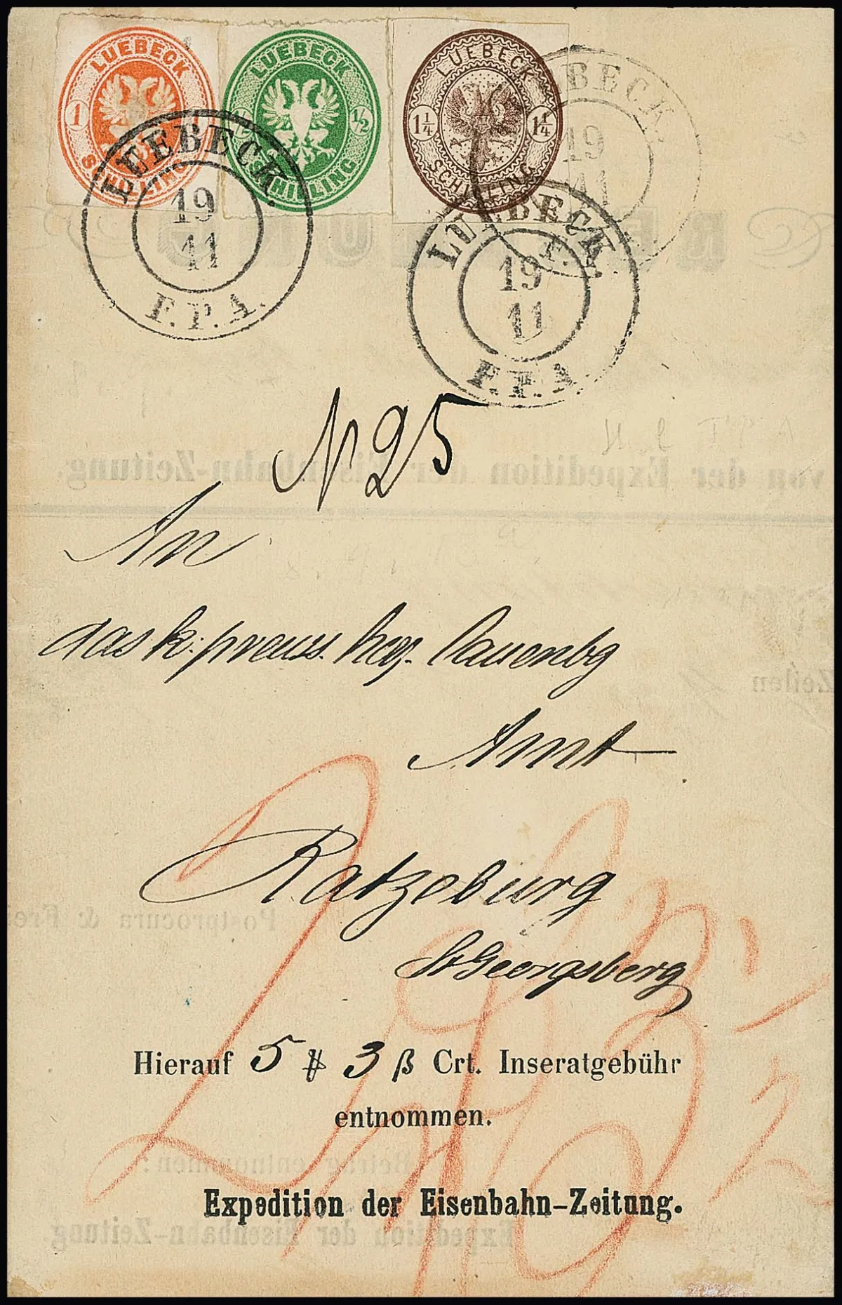 1/2 Sch. green, 1 Sch. red-orange (slightly cleaned) and 1 1/4 Sch. reddish-brown, decorative three-colour franking on invoice COD letter. Rare
