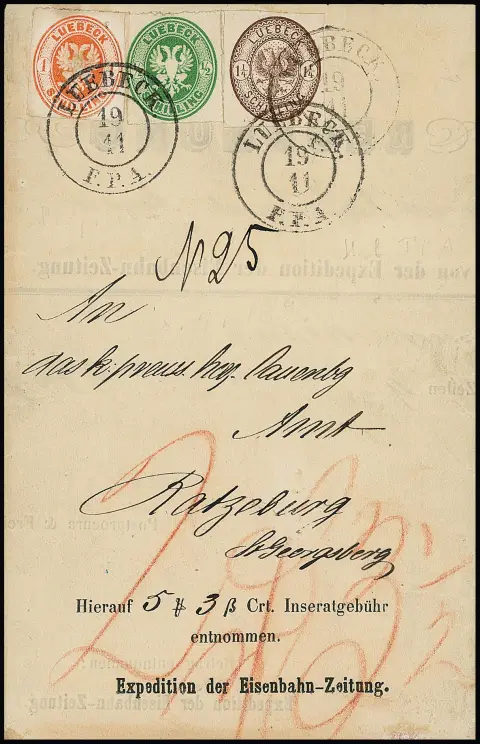 1/2 Sch. vert, 1 Sch. orange-rouge (légèrement nettoyé) et 1 1/4 Sch. brun-rougeâtre, affranchissement tricolore décoratif sur lettre de recouvrement. Mi. rare