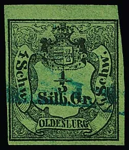 1/3 Sgr. noir/vert, pièce de cabinet oblitérée du bord supérieur, légère trace d'impression, rare en bord, signé Bühler, Starauschek, certificat Brettl. Mi. 1300,- +
