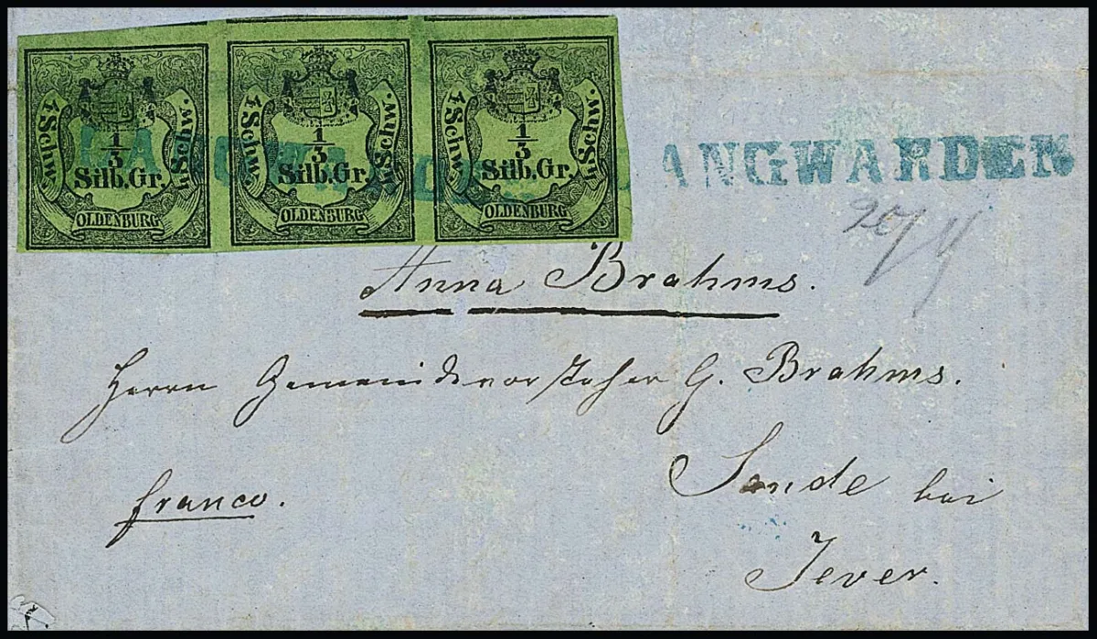 1/3 Sgr. schw./gelbgrün, teils überrandiger Dreierstreifen auf kleinem Briefchen mit blauem L1 "Langwarden" nach Sande. Obwohl repariert, mit dieser seltenen…