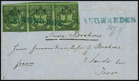 1/3 Sgr. noir/vert-jaune, bande de trois partiellement surdimensionnée sur petite lettre avec cachet bleu "Langwarden" vers Sande. Réparé, rare. Mi. 20.000,- +