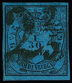 1/30 Th. noir/bleu, pièce de choix (une petite tache "nuageuse" dans le papier est typique de cette émission, très bien signée Pfenninger) avec cachet fiscal noir très clair "2 2/5" d'Abbehausen