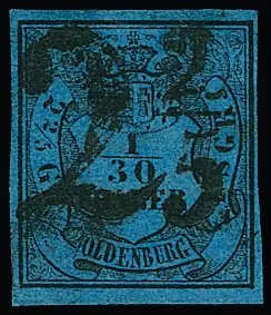 1/30 Th. noir/bleu, pièce de choix (une petite tache "nuageuse" dans le papier est typique de cette émission, très bien signée Pfenninger) avec cachet fiscal noir très clair "2 2/5" d'Abbehausen