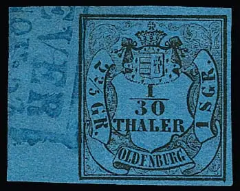 1/30 Th. noir/bleu, type I, pièce de bord gauche de cabinet presque "sans oblitération" avec bord de feuille de 8 mm, là Ra2 "Jever", signé Starauschek