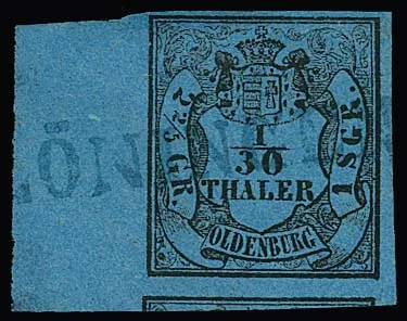 1/30 Th. black/blue, type I, oversized-margin showpiece with 1cm sheet margin on the left, with blue L1 "Löningen"