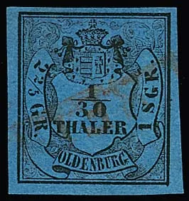 1/30 Th. noir/bleu, pièce de cabinet à larges bords avec partie d'empreinte du rare L1 rouge de Dedesdorf