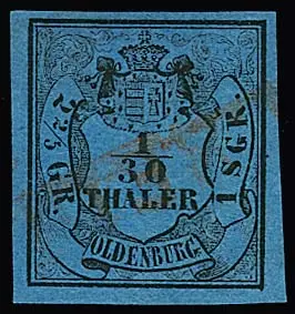 1/30 Th. noir/bleu, pièce de cabinet à larges bords avec partie d'empreinte du rare L1 rouge de Dedesdorf