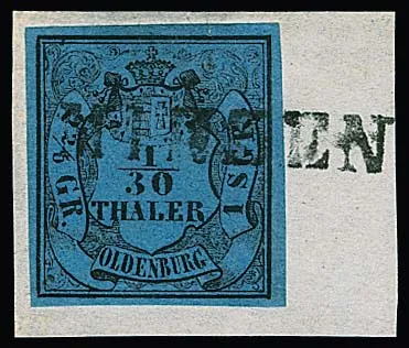 1/30 Th. schw./blau, Type I, auf Luxusbriefstück mit seltenem schwarzem L1 "Minsen"