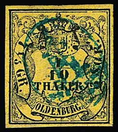 1/10 Th. noir/jaune clair, pièce de cabinet avec "Delmenhorster Häuschen" bleu très bien centré, signé Starauschek