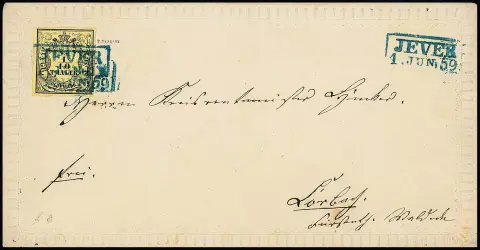 1/10 Th. schw./hellgelb auf ungewöhnlich gut und völlig ursprünglich erhaltenem Kabinett-Präge-Zierbrief mit Ra2 "Jever" 1859