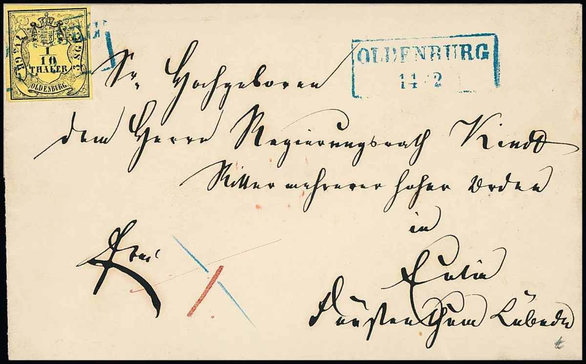 1/10 Th. noir/jaune citron seul sur lettre de cabinet fraîche 1860 avec Ra2 "Oldenburg" via Hambourg vers Eutin dans la principauté de Lübeck (2 Sgr. jusqu'à Hambourg, 1 Sgr. pour le Danemark)