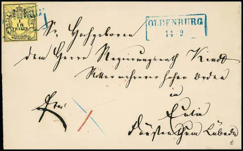 1/10 Th. schw./zitronengelb einzeln auf frischem Kabinettbrief 1860 mit Ra2 "Oldenburg" via Hamburg nach Eutin im Fürstentum Lübeck (2 Sgr. bis Hamburg, 1…