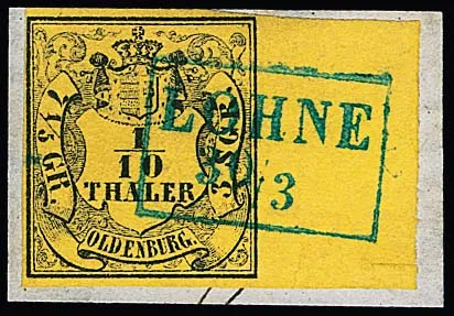 1/10 Th. schw./zitronengelb mit 12mm breitem Bogenrand auf Kabinettbriefstück mit vollem Ra2 "Lohne". Sign. Starauschek, Köhler, Lange. Der Postbeamte von…