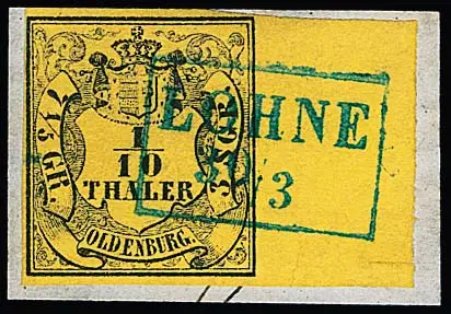 1/10 Th. schw./zitronengelb mit 12mm breitem Bogenrand auf Kabinettbriefstück mit vollem Ra2 "Lohne". Sign. Starauschek, Köhler, Lange. Der Postbeamte von…