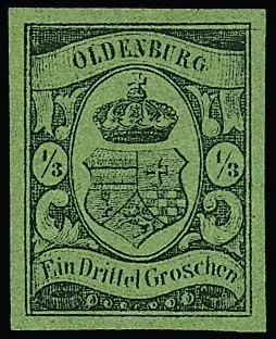 1/3 Gr. schw./grün, breitrandiges ungebrauchtes Kabinettstück ohne Gummi, Attest Brettl. Mi. 1800,-
