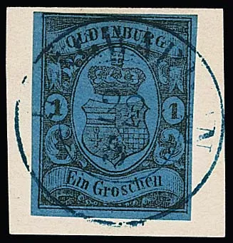 1 Gr. schw./blau (oben links etwas knapp) auf prachtvollem Briefstück mit sehr schön zentrischer Entwertung durch den K2 "Langwarden" (ohne Uhrzeit), der lt.…