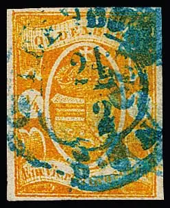 1/4 Gr. gelborange, allseits voll-, meist sehr breitrandiges Kabinettstück mit zentrischem K2 von Oldenburg. Sign. Brettl, Alcuri und Attest Stegmüller:…