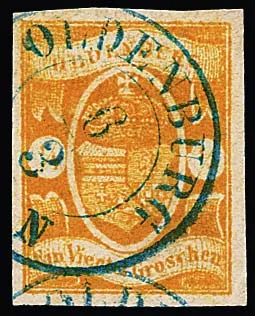 1/4 Gr. yellow-orange, all-round wide-margined cabinet piece with clear K2 from Oldenburg. A tiny corner crease only in the wide upper margin does not touch the stamp image…
