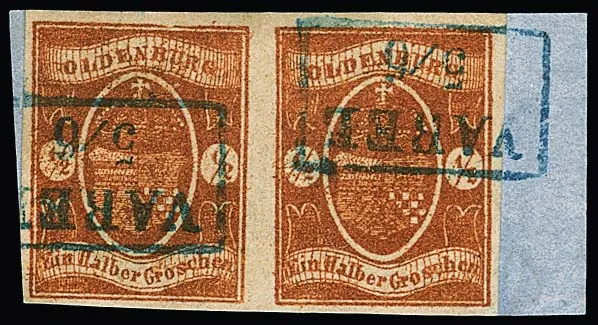 1/2 Gr. red-brown, wide-margined horizontal pair on cabinet letter piece with Ra2 "Varel". Certificate Brettl "a rare, very beautiful pair". Mi. 3000,-