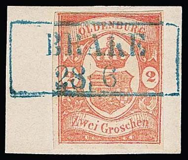 2 Gr. zinnoberrot auf Luxusbriefstück mit geradem Ra2 "Brake", sign. Grobe, Köhler. Mi. 580,- +