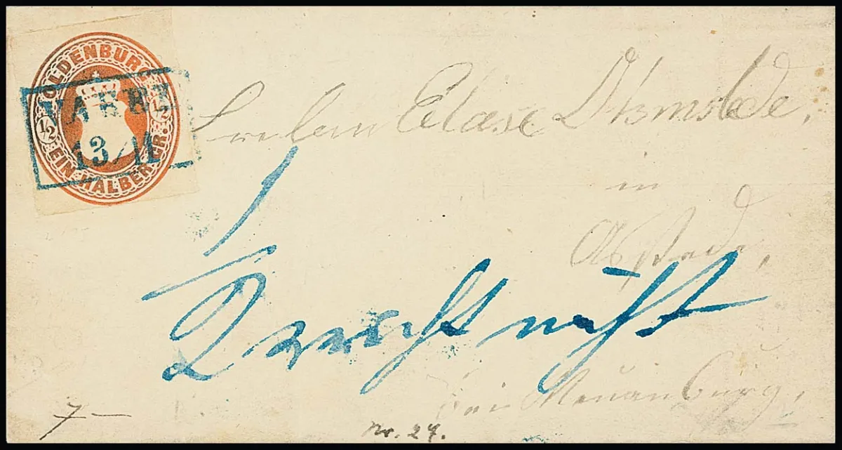 1/2 Gr. orange, guter weiter Durchstich, einzeln auf (etwas gereinigtem) Brief mit Ra2 "Varel", 13.11.(1867) nach Neuenburg, hs. "1/2 reicht nicht" und…