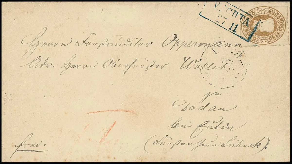 3 Gr. ockerbraun (rechts etwas Schere) auf Teilfranko-Brief mit Ra2 "Vechta" nach Dadau bei Eutin. Attest Brettl: "Die weit durchstochene Ausgabe ist…