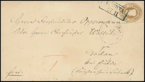 3 Gr. ockerbraun (rechts etwas Schere) auf Teilfranko-Brief mit Ra2 "Vechta" nach Dadau bei Eutin. Attest Brettl: "Die weit durchstochene Ausgabe ist…