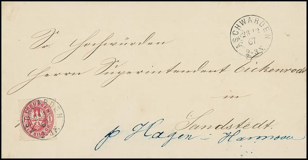 "Aschwarden", rare nouveau Grotesk-K1 sur lettre de luxe avec 1 Sgr. du 23.12.1867, contenu complet de "Wurtfleth-Rechtebe", seules quelques lettres avec ce cachet connues, celle-ci devrait être la plus belle !