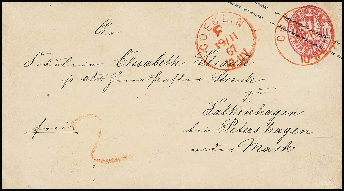 "Coeslin F.", rare K1 rouge Franko deux fois comme seule oblitération sur entier armoiries 1 Sgr. rose (un petit coin stabilisé), vers Falkenhagen, reste du port payé en espèces ("2")