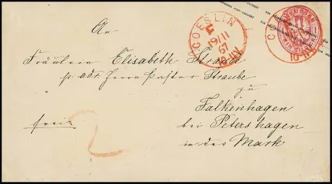 "Coeslin F.", seltener roter Franko-K1 zweifach als alleinige Entwertung auf Wappen-Ganzsache 1 Sgr. rosa (ein Eckchen stabilisiert), nach Falkenhagen,…