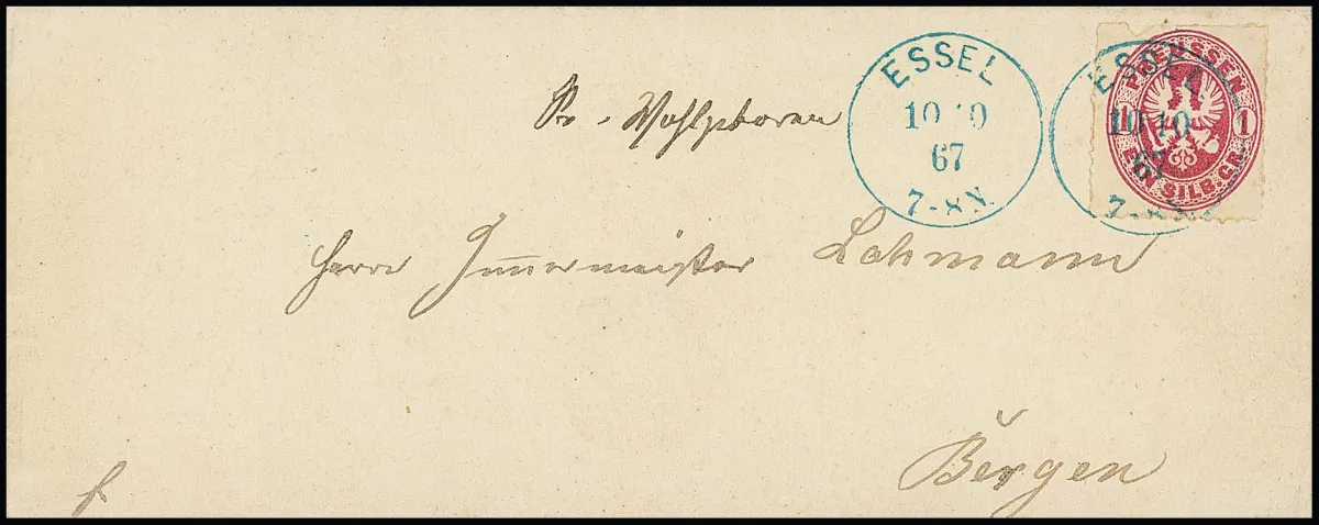 "Essel", very rare new Grotesk-K1 clearly on envelope with 1 Sgr. (small perforation nick) dated 10.10.1867, ex Habermann