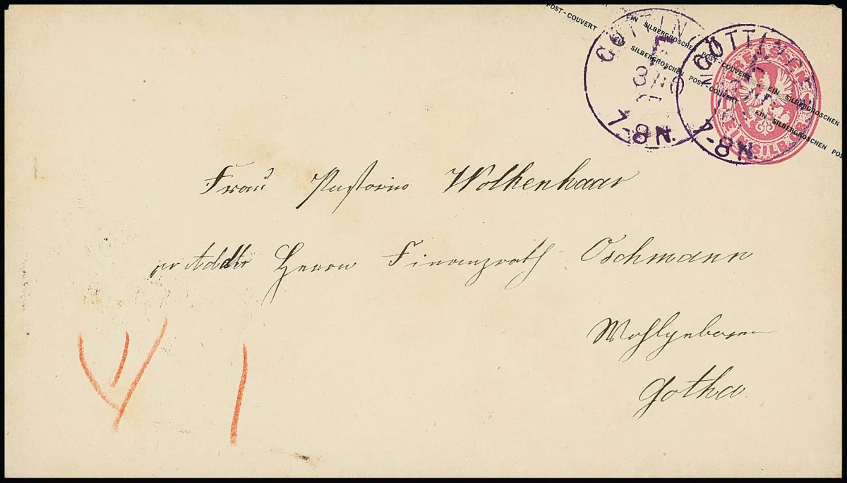 "Göttingen F.", affranchissement K1 violet, double oblitération rare et unique sur entier postal 1 Sgr. rose 1867 vers Gotha, port restant de "1" payé en espèces