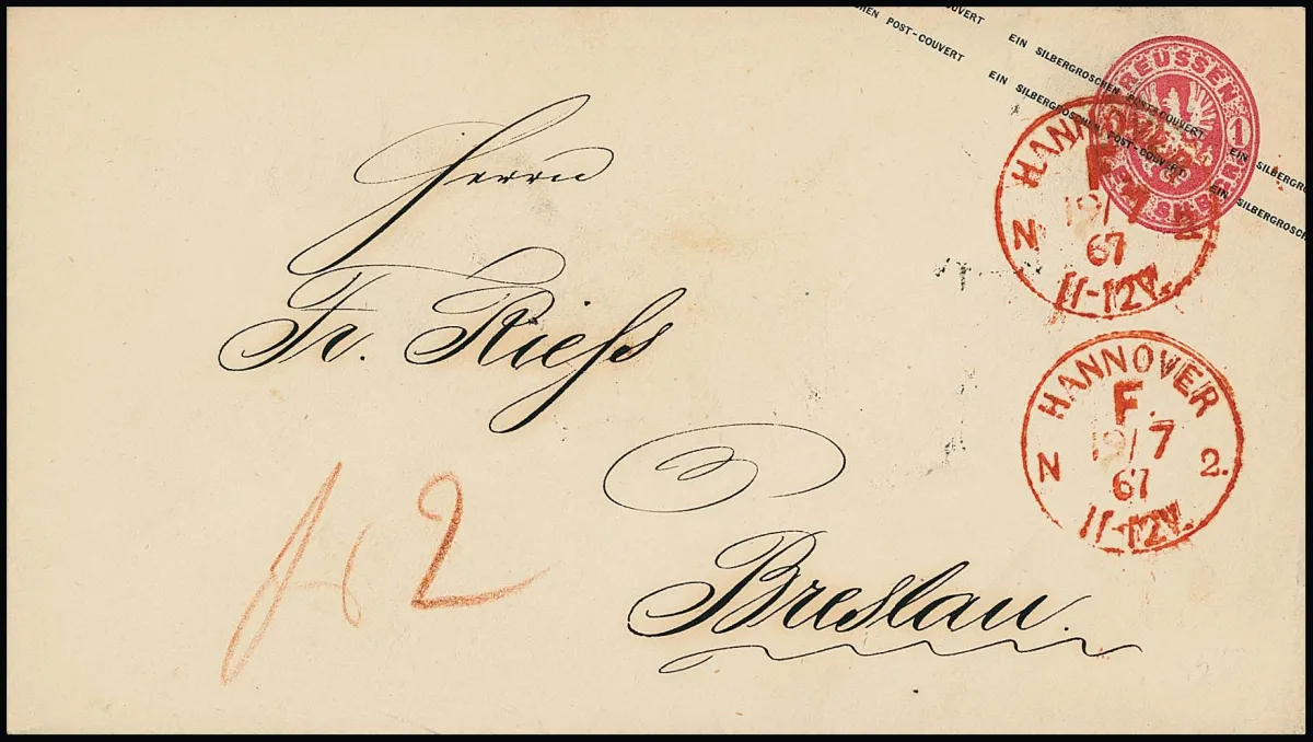 "Hannover F.N.2", affranchissement K1 rouge nettement double 1867 comme oblitération unique sur entier postal 1 Sgr., port restant de "2" payé en espèces