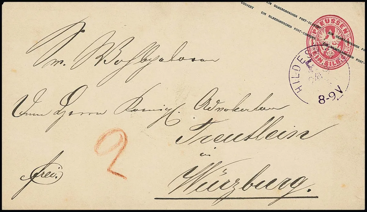 "Hildesheim F.", affranchissement K1 violet comme oblitération rare et unique sur entier postal au blason 1 Sgr. vers Würzburg. Impeccable, port restant de "2" payé en espèces