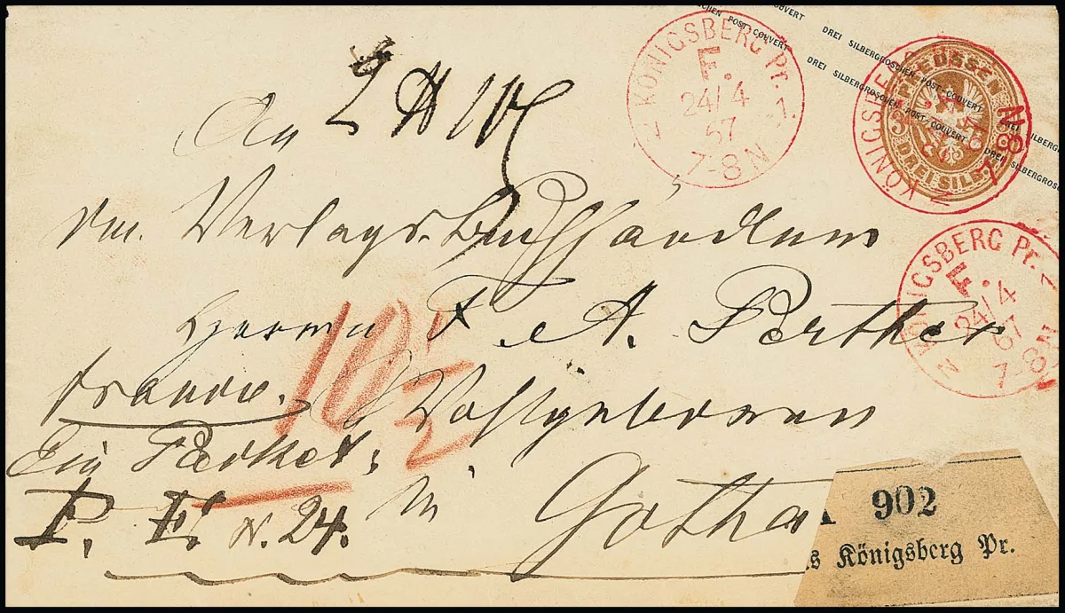 "Königsberg Pr. F.N.1", drievoudige (!) afdruk van rode franco K1 als enige ontwaarding op 3 Sgr. okerbruin postwaardestuk, als pakketbegeleidende brief naar Gotha. Resterend port van "10 1/2" contant betaald door middel van de franco K1. Kabinet