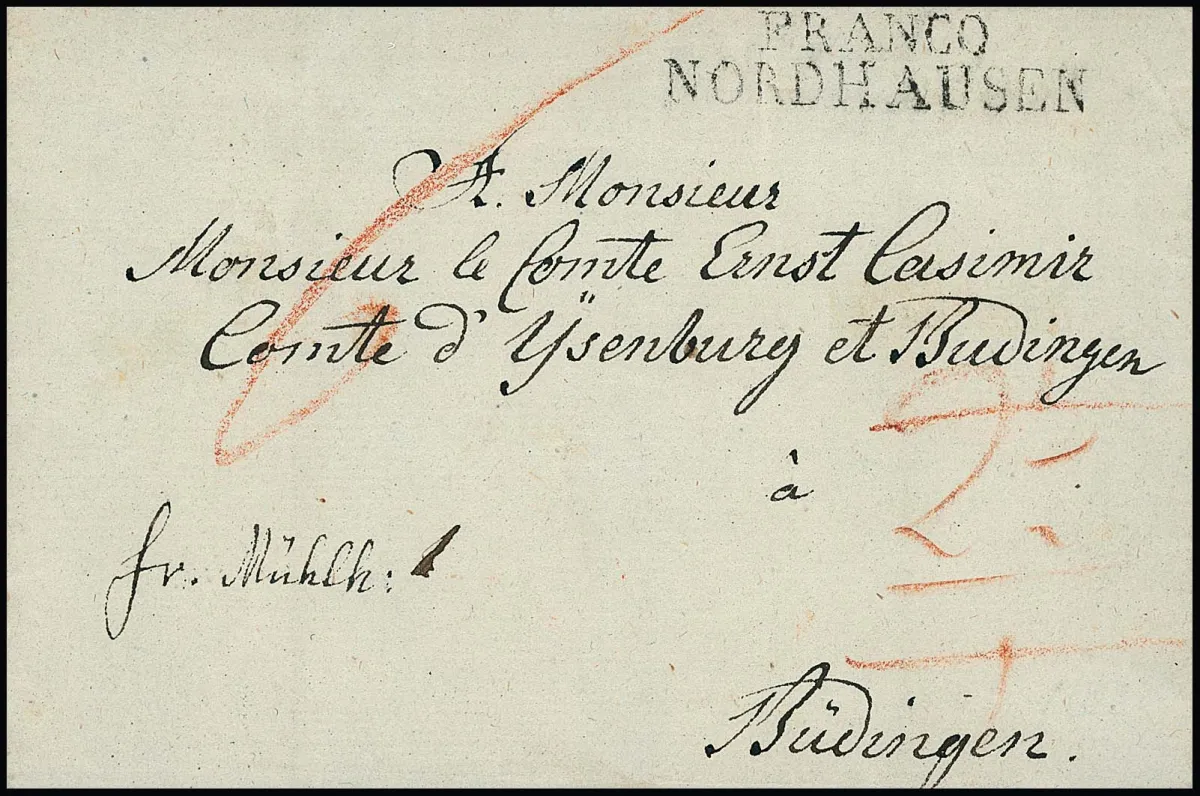 "Nordhausen", 1808, 21.10., very rare L2 "FRANCO NORDHAUSEN" clear on noble letter "fr. Mühlh." from Stolberg to Büdingen/Hesse, inside letter with signature of Count Carl Ludwig von Stolberg