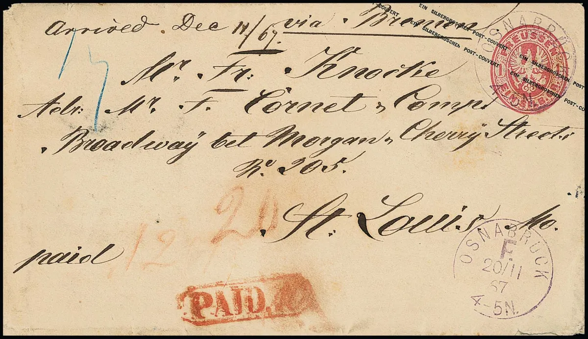 "Osnabrück F.", violetter Franko-K1 vom 20.11.1867 als alleinige Entwertung auf Wappen-Ganzsache 1 Sgr. rosa (leichte Gebrauchsspuren), als…