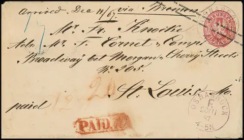 "Osnabrück F.", violetter Franko-K1 vom 20.11.1867 als alleinige Entwertung auf Wappen-Ganzsache 1 Sgr. rosa (leichte Gebrauchsspuren), als…