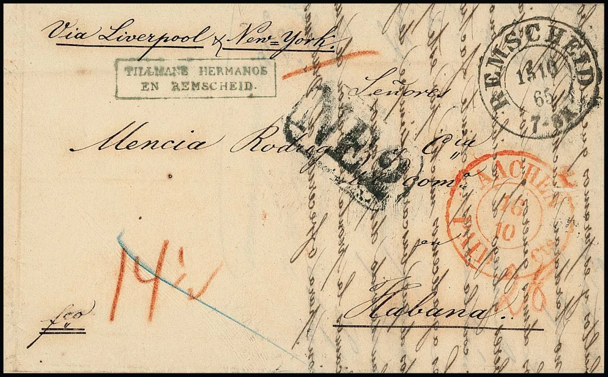 "Remscheid", K2 1865 auf seltenem Überseebrief mit der Prussian closed mail via Aachen/England nach Havanna/Kuba, dort vom Empfänger noch 2 R. Inlandsporto…