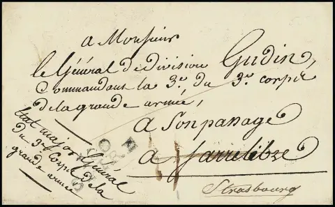 "Saarlouis", 1805, seltener roter Schreibschrift-L3 "Dèbourcès de Sarrelouis" klar rückseitig auf Brief aus Speyer (L2 "100 SPIRE") nach Saarlouis und mit dem…